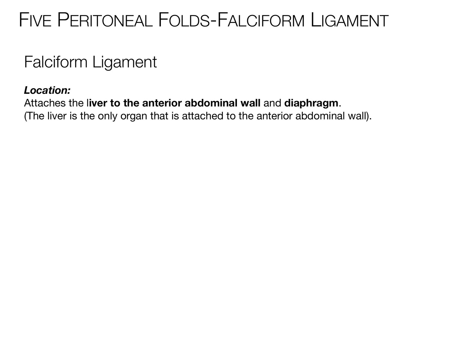 Slide 23 of 97: Five peritoneal folds-falciform ligament. Dr. Rennie digestive anatomy lecture slide.